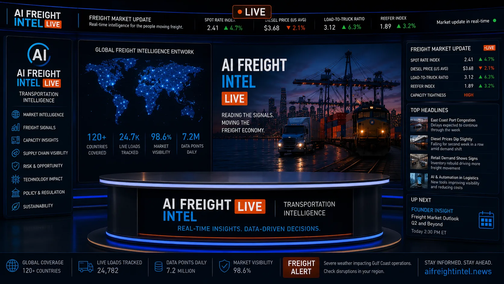 Approved AI Freight Intel Live broadcast-studio visual used as concept art for the coming soon page