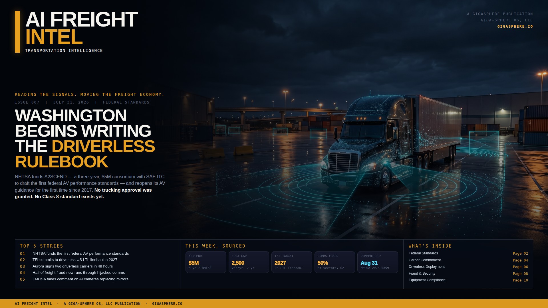 AI Freight Intel Issue 007 cover: Washington Begins Writing the Driverless Rulebook